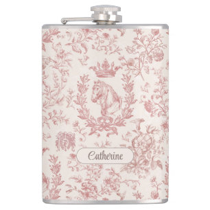 Elegant Pink Beige Equestrian Floral Toile Name Hip Flask