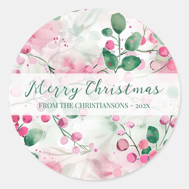 Elegant Pink Berries Floral Christmas Classic Round Sticker (Front)