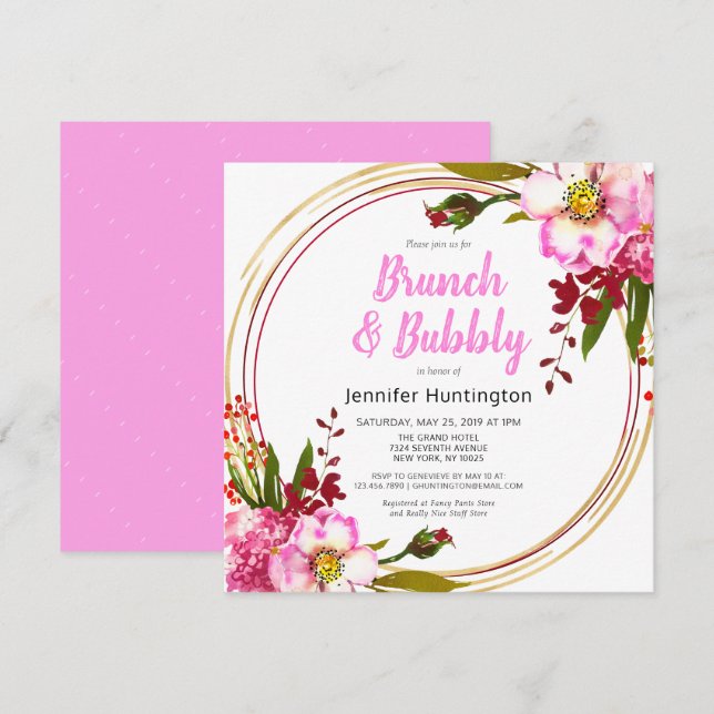 Elegant Pink Berry Floral Gold Boho Bridal Shower Invitation (Front/Back)