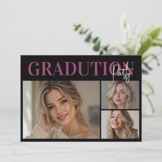 Elegant Pink Black 3Photo Graduation Party  Invitation