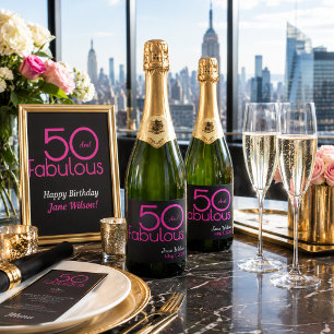 Elegant Pink Black 50 and Fabulous Birthday Party  Sparkling Wine Label