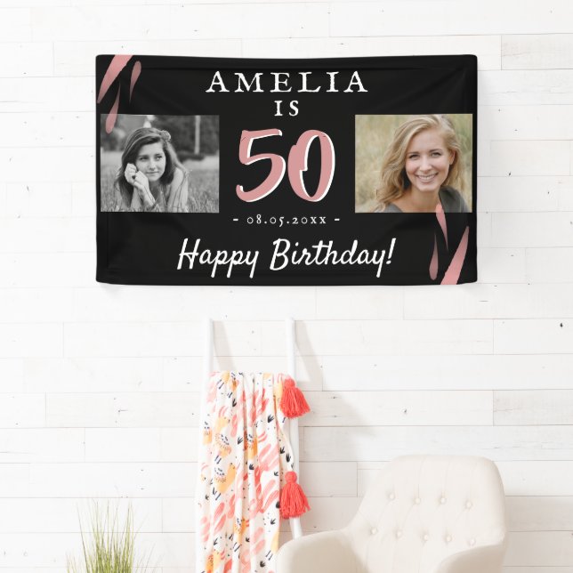 Elegant Pink Black 50th Birthday 2 Photo Backdrop Banner (Insitu)