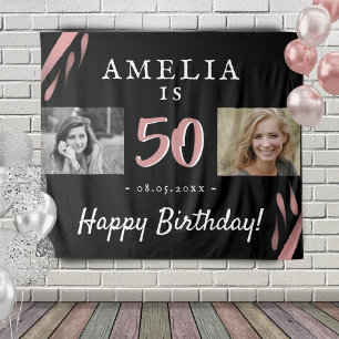Elegant Pink Black 50th Birthday 2 Photo Backdrop Tapestry