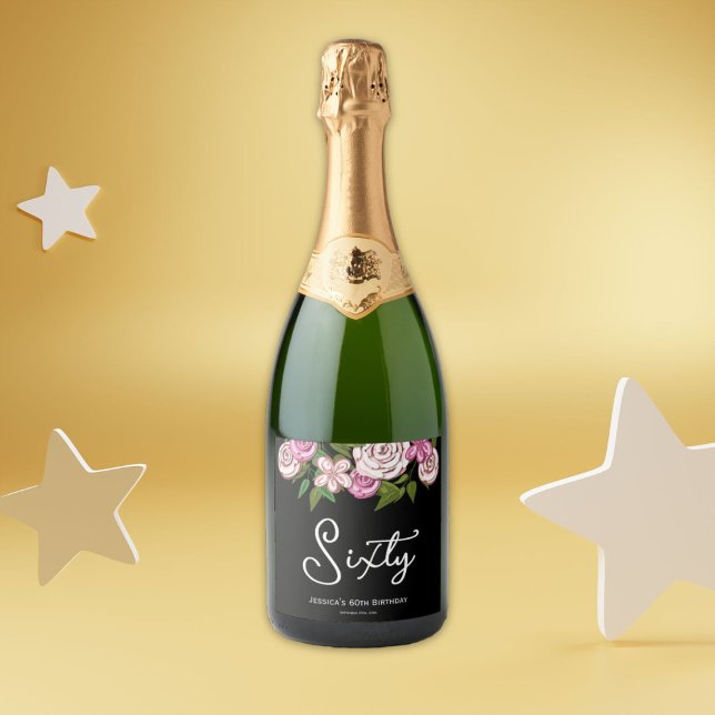 Elegant Pink Black 60th Birthday Floral Sparkling Wine Label (Creator Uploaded)