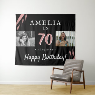 Elegant Pink Black 70th Birthday 2 Photo Backdrop Tapestry