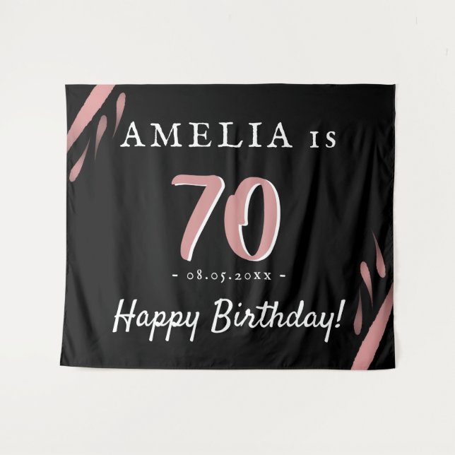 Elegant Pink Black 70th Birthday Party Backdrop Tapestry (Front (Horizontal))
