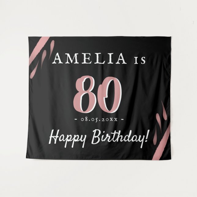 Elegant Pink Black 80th Birthday Party Backdrop Tapestry (Front (Horizontal))