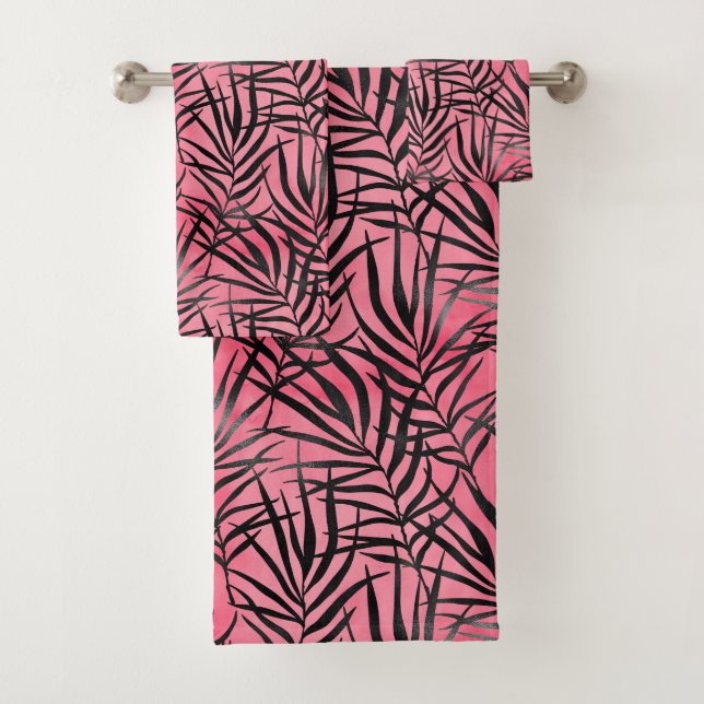 Elegant Pink Black Abstract Foliage Pattern Design Bath Towel Set (Insitu)