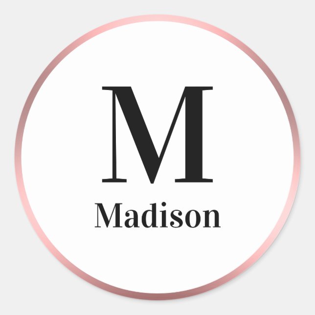 Elegant Pink Black and White Monogram with Name Classic Round Sticker (Front)