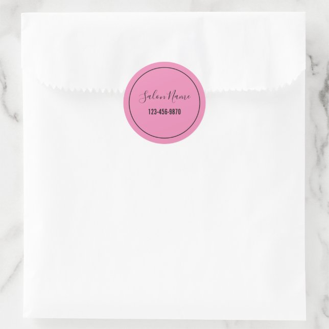 Elegant Pink Black Business Salon Name & Number Classic Round Sticker (Bag)