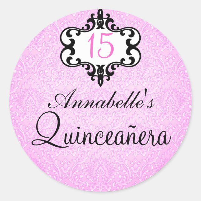 Elegant Pink/Black Chic Damask Quinceañera Sticker (Front)