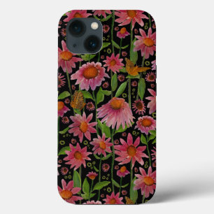 Elegant Pink Black Coneflowers Butterflies iPhone 13 Case