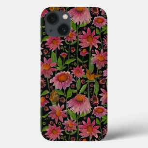 Elegant Pink Black Coneflowers Butterflies iPhone 13 Case