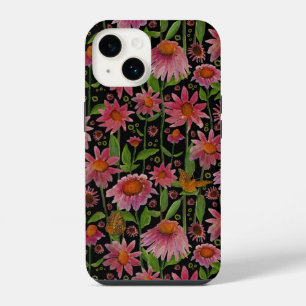 Elegant Pink Black Coneflowers Butterflies iPhone 14 Case