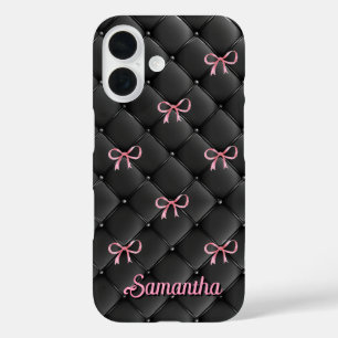 Elegant pink black coquette bows pattern monogram iPhone 16 case
