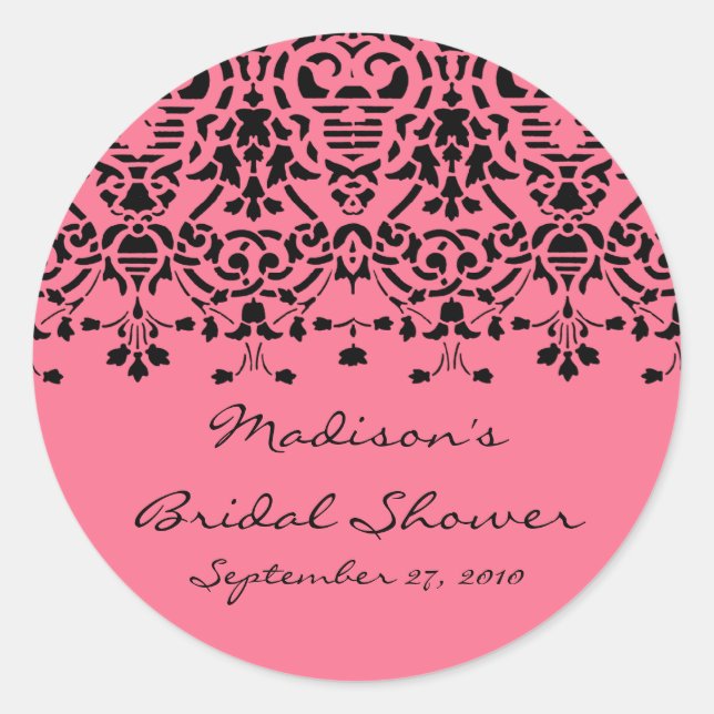 Elegant Pink & Black Damask Bride Shower Sticker (Front)
