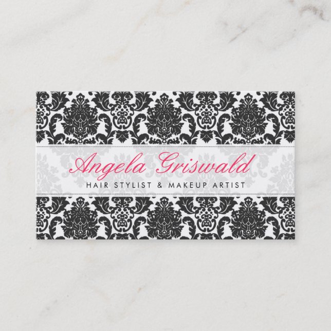 Elegant Pink & Black Damask Business Cards (Front)