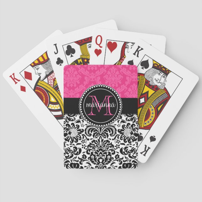 Elegant Pink Black Damask Personalised Playing Cards (Back)