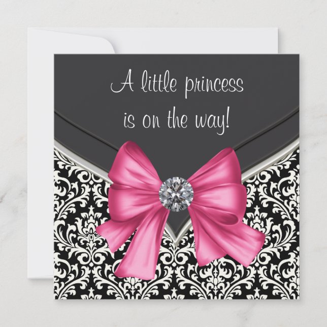 Elegant Pink Black Damask Princess Baby Shower Invitation (Front)