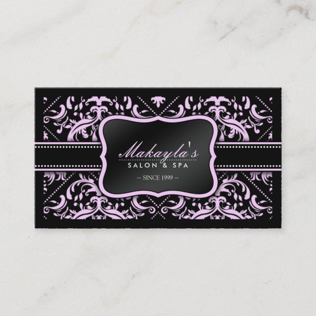 Elegant Pink & Black Damask Salon and Spa Business Card (Front)