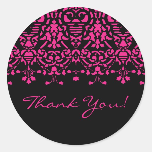 Elegant Pink & Black Damask Thank You Sticker (Front)