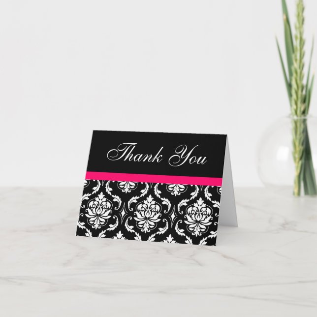 Elegant Pink Black Damask Wedding Thank You Notes (Front)
