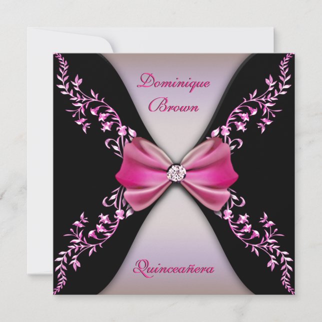 Elegant Pink Black Diamond Bow Quinceanera Invitation (Front)