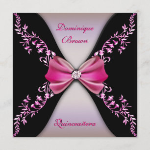 Elegant Pink Black Diamond Bow Quinceanera Invitation