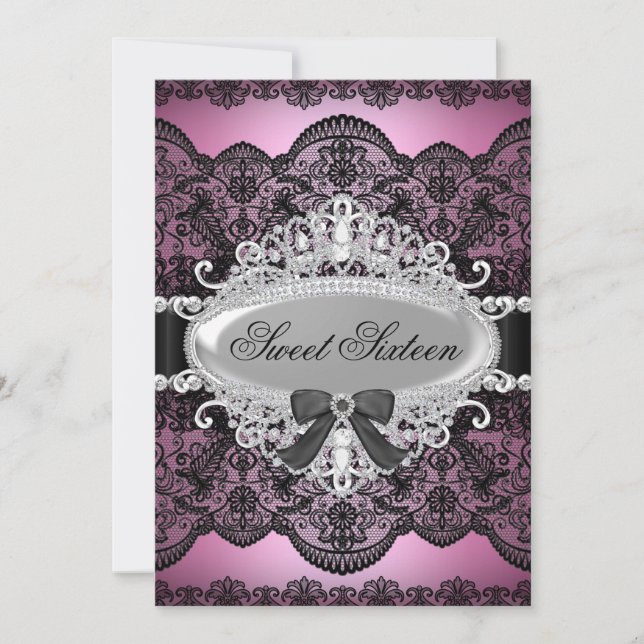 Elegant Pink & Black Diamond Lace Sweet 16 Invite (Front)