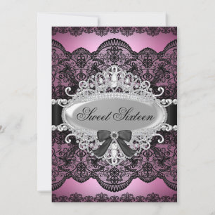 Elegant Pink & Black Diamond Lace Sweet 16 Invite