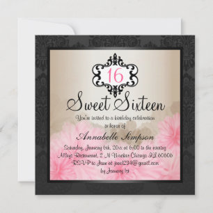 Elegant Pink & Black Floral Chic Sweet 16 Invite