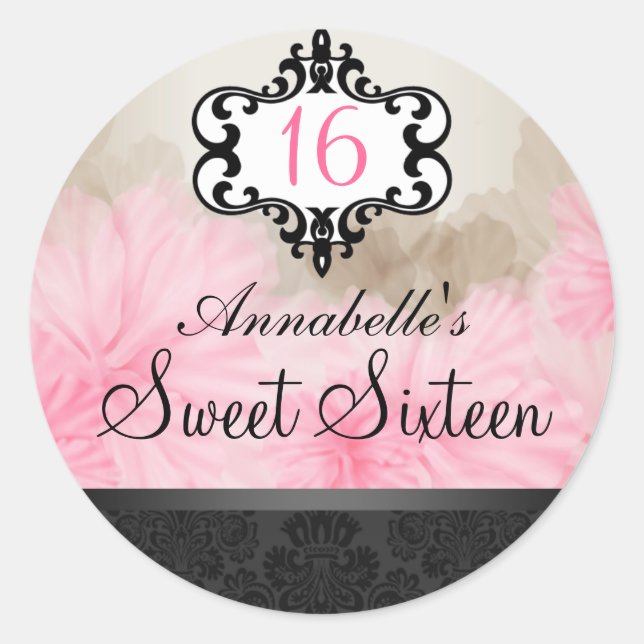 Elegant Pink & Black Floral Chic Sweet 16 Sticker (Front)