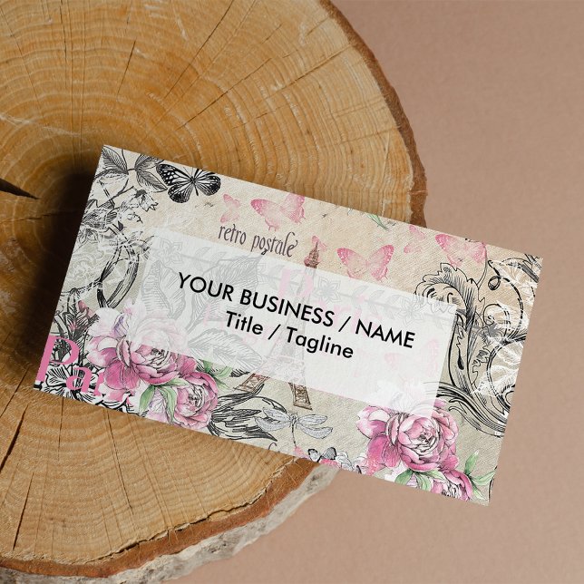 Elegant pink black floral collage Eiffel Tower Business Card (Elegant pink black floral collage Eiffel Tower)