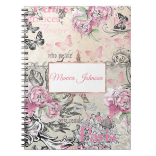 Elegant pink black floral collage Eiffel Tower Notebook