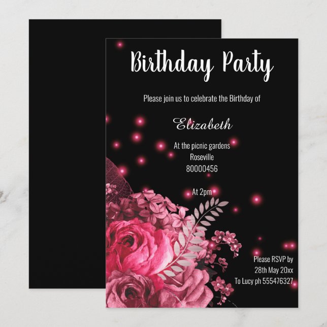 ELEGANT PINK BLACK FLORAL GARDEN BIRTHDAY INVITATION (Front/Back)