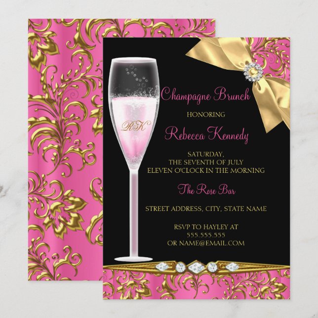 Elegant Pink Black Gold Damask Champagne Brunch Invitation (Front/Back)