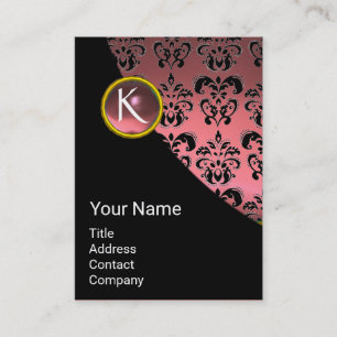 ELEGANT PINK BLACK GOLD DAMASK GEMSTONE MONOGRAM BUSINESS CARD