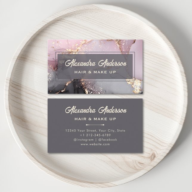 Elegant Pink Black Gold Glitter Agate Beauty Salon Business Card (Elegant Pink Black Gold Glitter Agate Girly Business Card)
