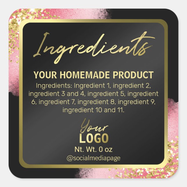 Elegant Pink Black Gold Glitter Ingredient Labels (Front)