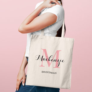 Elegant Pink Black Monogram Bridesmaid Tote Bag