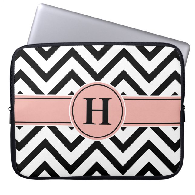Elegant Pink & Black Monogrammed Rose Gold Chevron Laptop Sleeve (Front)