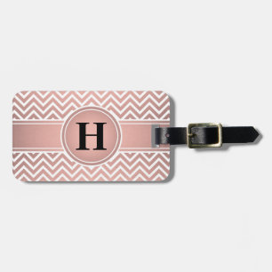 Elegant Pink & Black Monogrammed Rose Gold Chevron Luggage Tag
