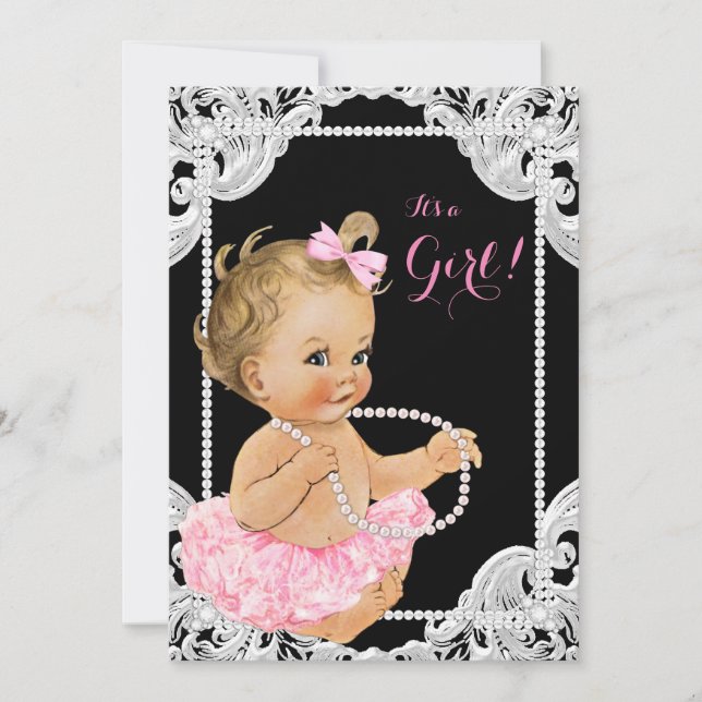 Elegant Pink Black Pearl Baby Girl Shower Invitation (Front)