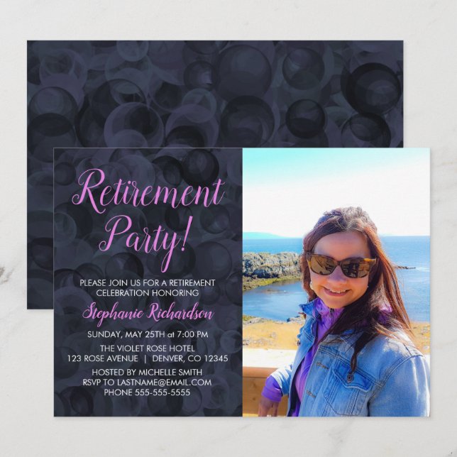Elegant Pink Black Photo Retirement Party Invitation (Front/Back)