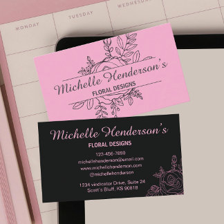 Elegant Pink & Black Rose Illustration Florist Business Card
