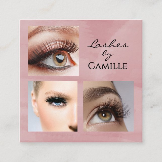 Elegant Pink Black Script 3 Photo Makeup Square Business Card (Front)