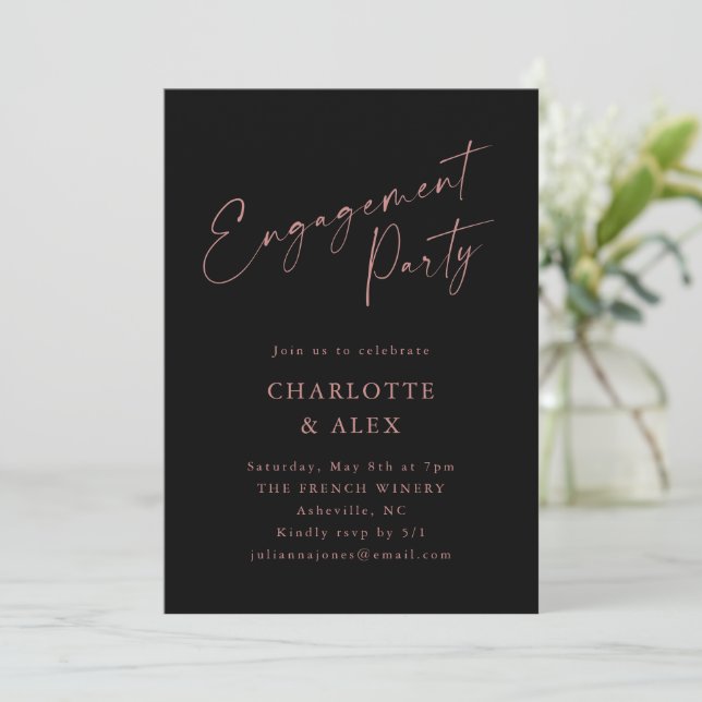 Elegant Pink Black Script Engagement Party Invitation (Standing Front)