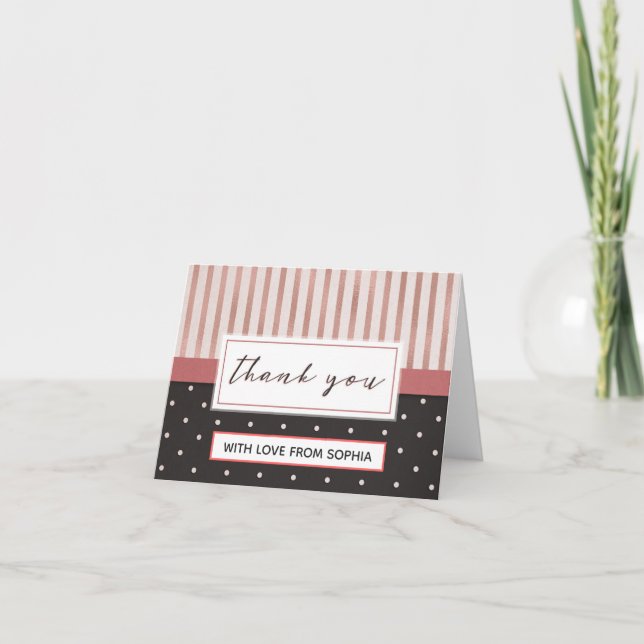 Elegant Pink Black Stripes Polka Dots Thank You (Front)