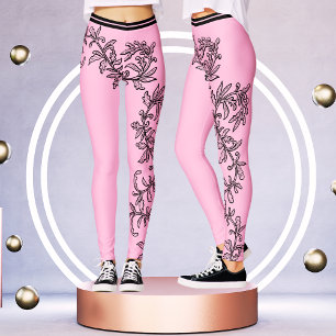 Elegant Pink & Black Victorian Floral Lace Classy Leggings