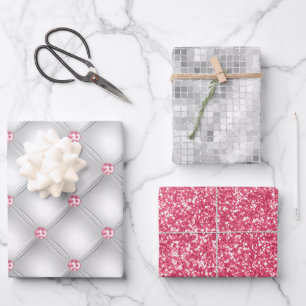Elegant Pink Bling Silver Glitter Gift Wrapping Paper Sheet